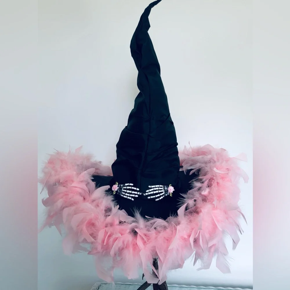 Witch hat artisan Black satin brim top & below multi pinks sparkles Flower & f…